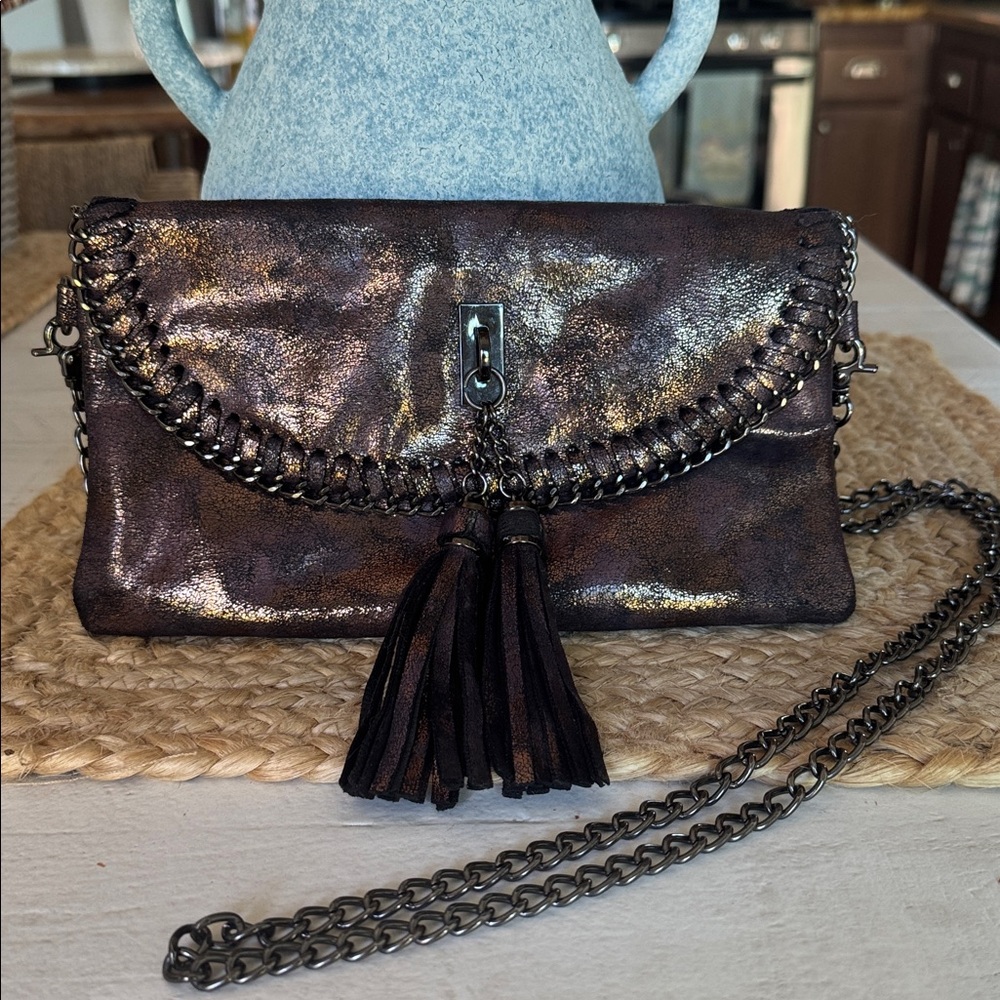 Chic Metallic Clutch with Chain and Tassels